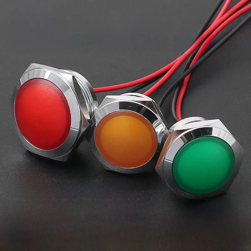 Lampe de signalisation ronde sphérique en métal étanche, 12mm 16mm 19mm 22mm, avec fil LED rouge jaune bleu vert blanc 6V 24V 220V
