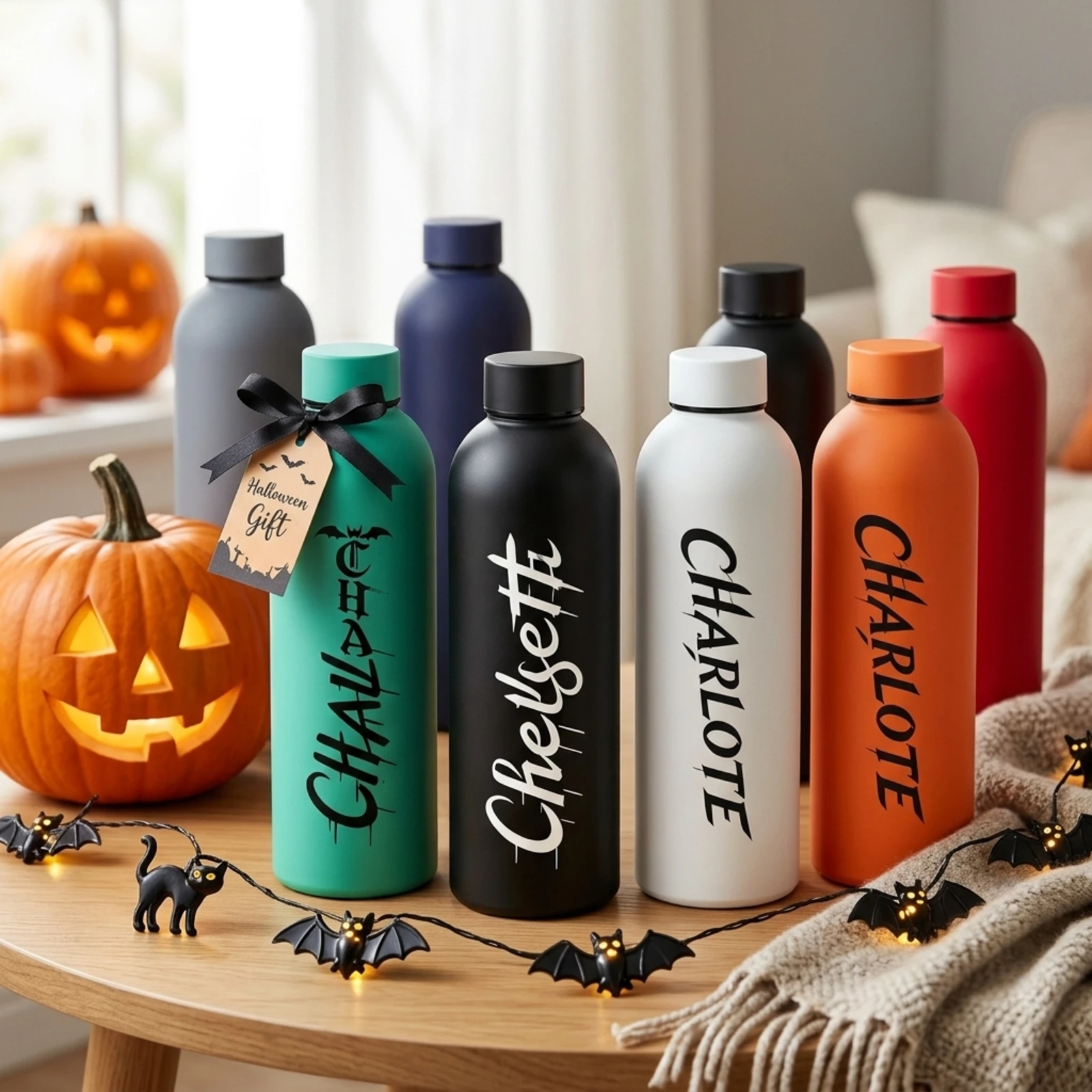 Custom Engraved Gothic Name Water Bottle, Matte Black Stainless Steel Vacuum Insulated Bottle, Reusable Leakproof Travel Drink.