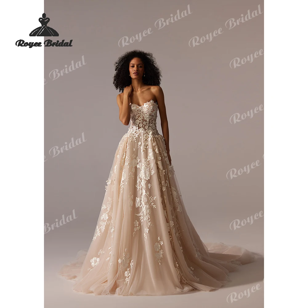 

Свадебное платье А-силуэта без бретелек с аппликацией, 3D цветами и бисером, из тюля, для пляжной церемонии, 2026, на заказ, vestido de novia