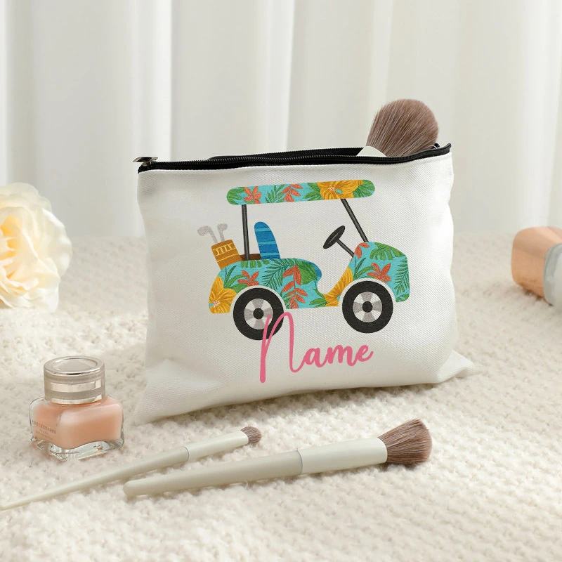 Personalized Golf Cart & Hawaiian Floral Makeup Bag - Custom Name, Golf-Themed Toiletry Organizer, Gift Idea for courses & Trips