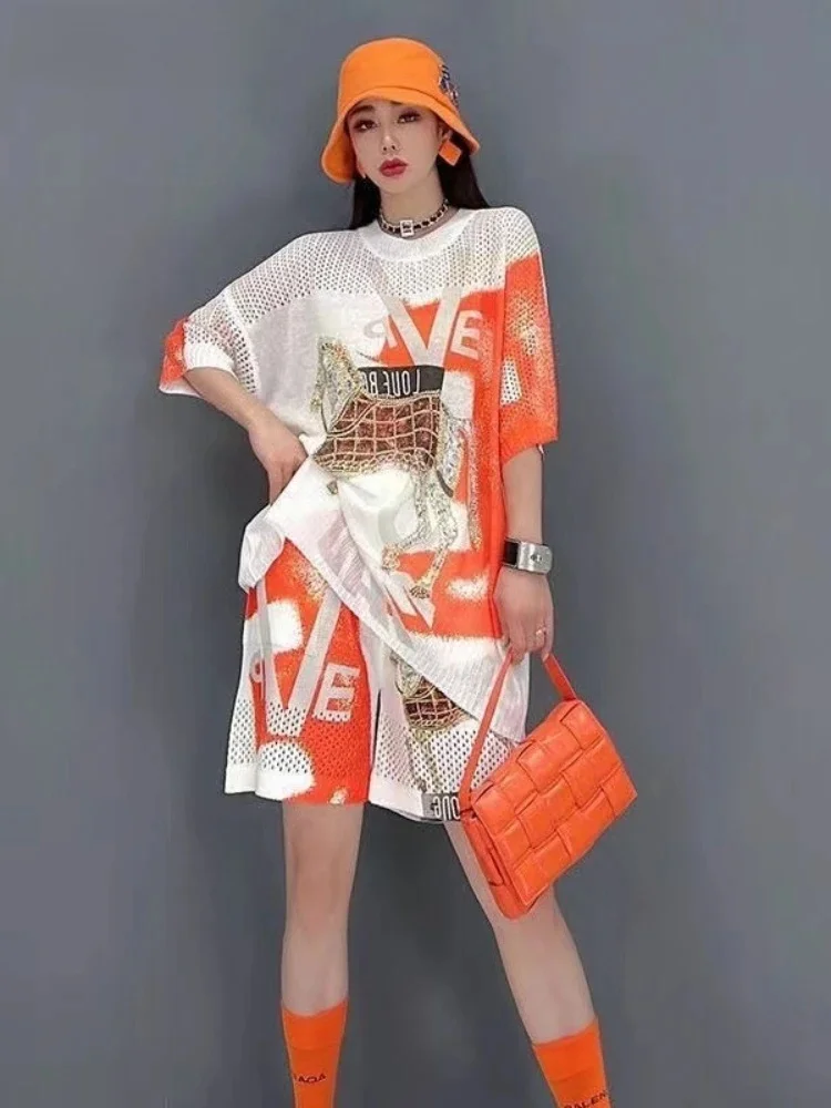 Szorty Garnitur Damski Letni Nowy Kreskówkowy Nadruk Rhinestone Moda Luźny Okrągły Dekolt Krótki Rękaw Top i Szorty Dwuczęściowy Zestaw — zdjęcie 2