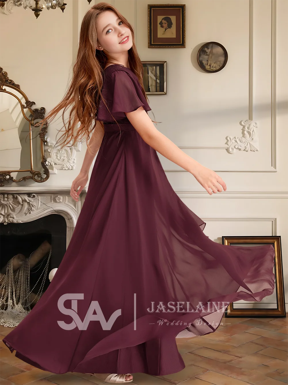 

DFF Kids Child A-Line Scoop Floor-Length Chiffon Junior Bridesmaid Dress Flower Girl Dress Girls Party Wedding Formal Kids