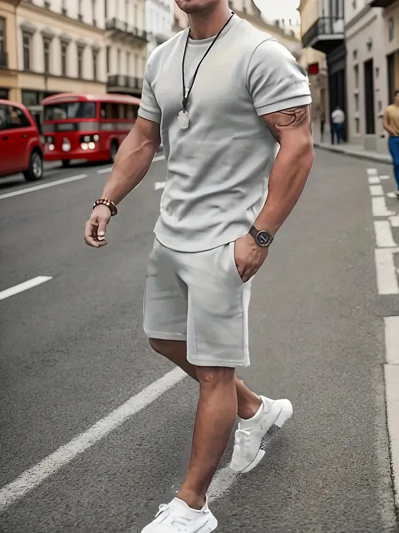 2 Men's Clothing, Casual Short Sleeve Breathable Skin Friendly T-Shirt And Drawstring Shorts Set Holiday Casual Menswear