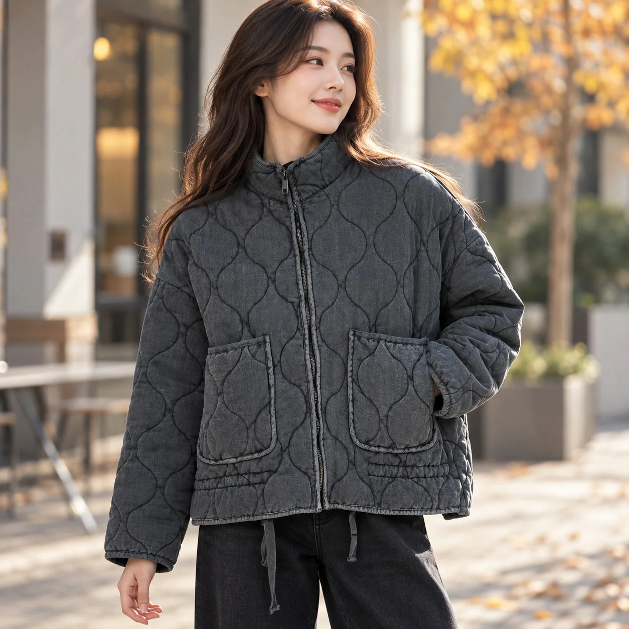 Pocket Long Sleeve Coat Regular Fit Streetwear with Zipper Stand Collar No Hood Thick Women Jacket Autumn Regular Length