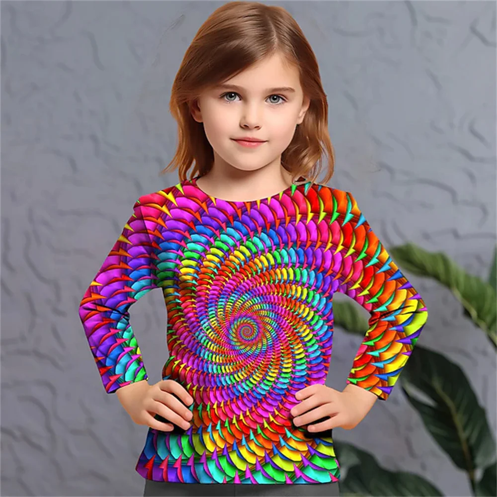 Girl Clothing Vortex Colorful Polyester Teenagers Girls Clothes Outdoor For Kids Autumn One Piece T Shirt Long Sleeve Tee Shirt