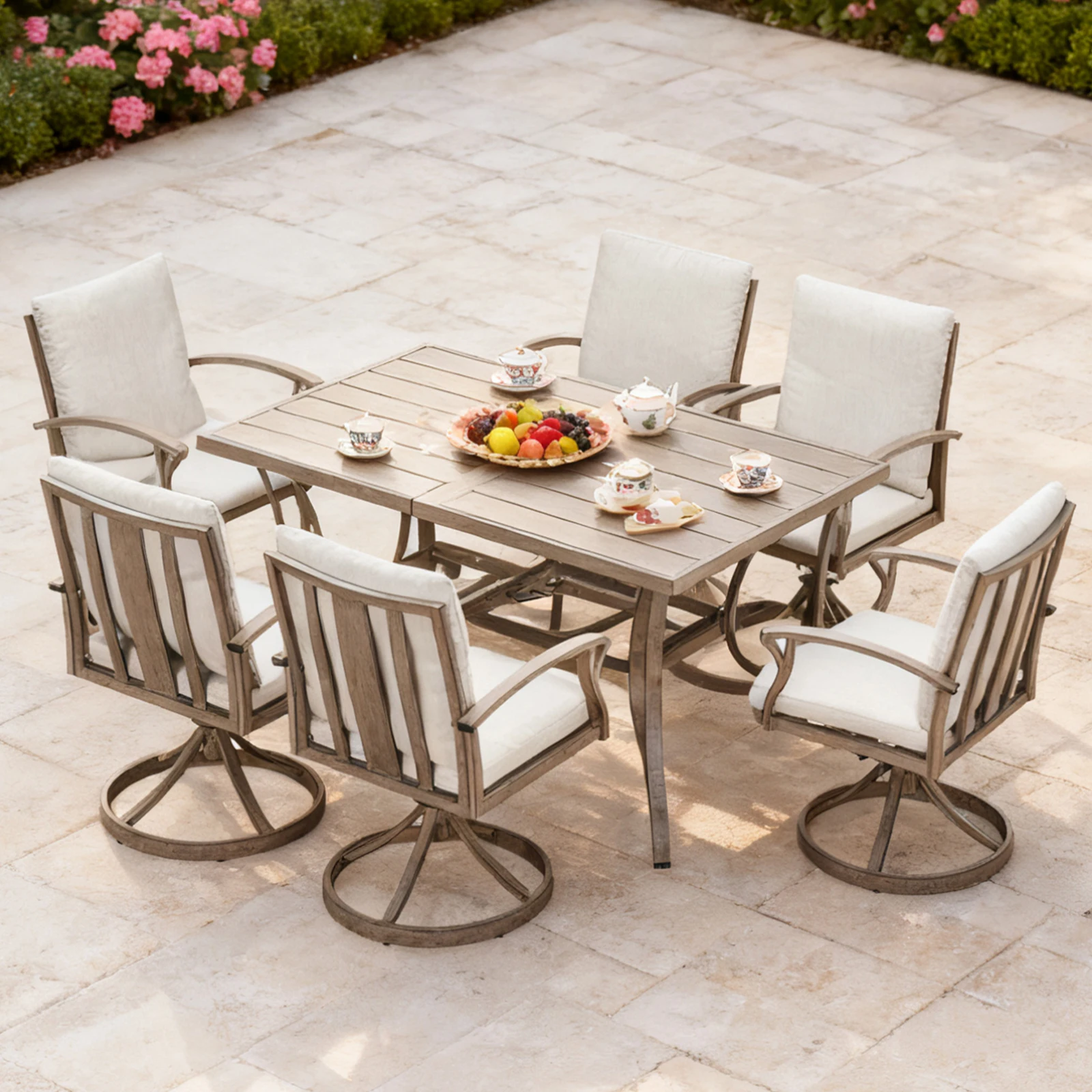 

SeeHill 7-Piece Swivel Dining Set, Aluminum Patio Table with Umbrella Hole, Outdoor Furniture with 6 Swivel Chairs & Cushions