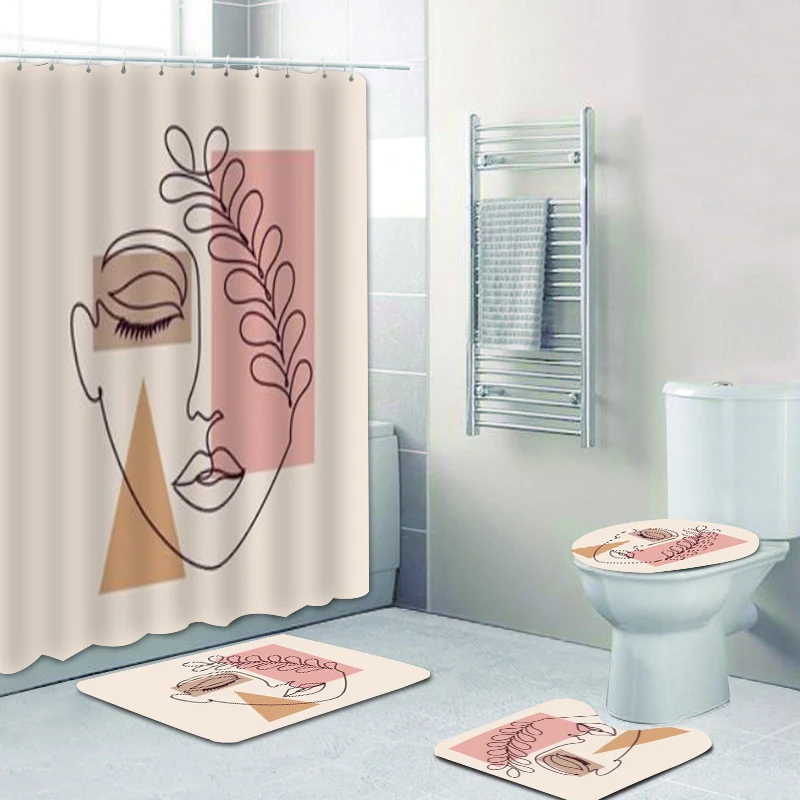 Modern Abstract Minimal Woman Face Line Art Drawing Shower Curtain and Bath Rug Set for Girl Beautiful Female Toilet Accessories