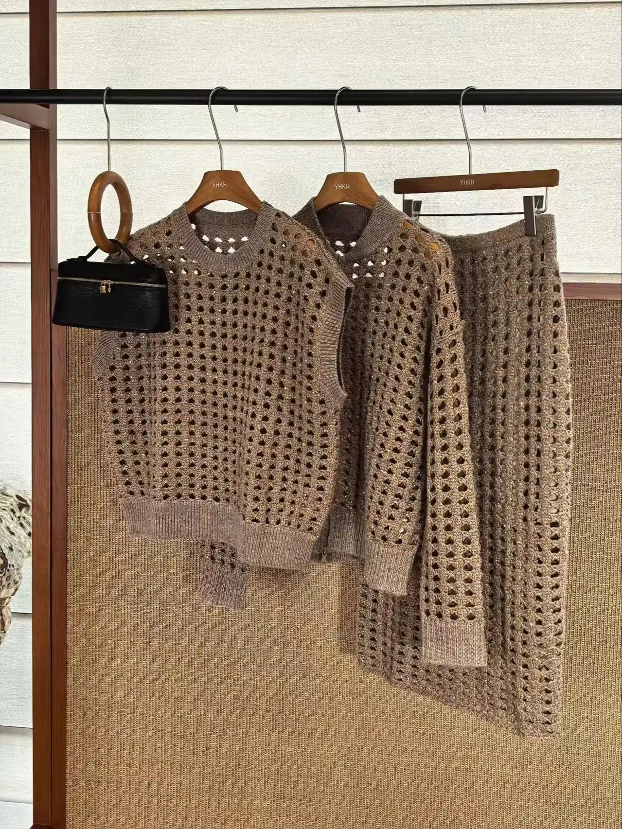 

Autumn-winter beaded hollow wool blend matching three pieces set of clothes