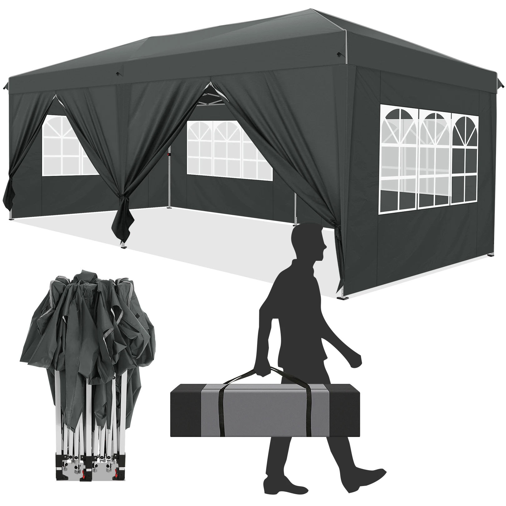 3x6m Pop-up Gazebo Foldable Party Tent with 6 Sidewalls, Easy Assembly for Weddings, Commercial Use, UV50+ Protection Steel Frame