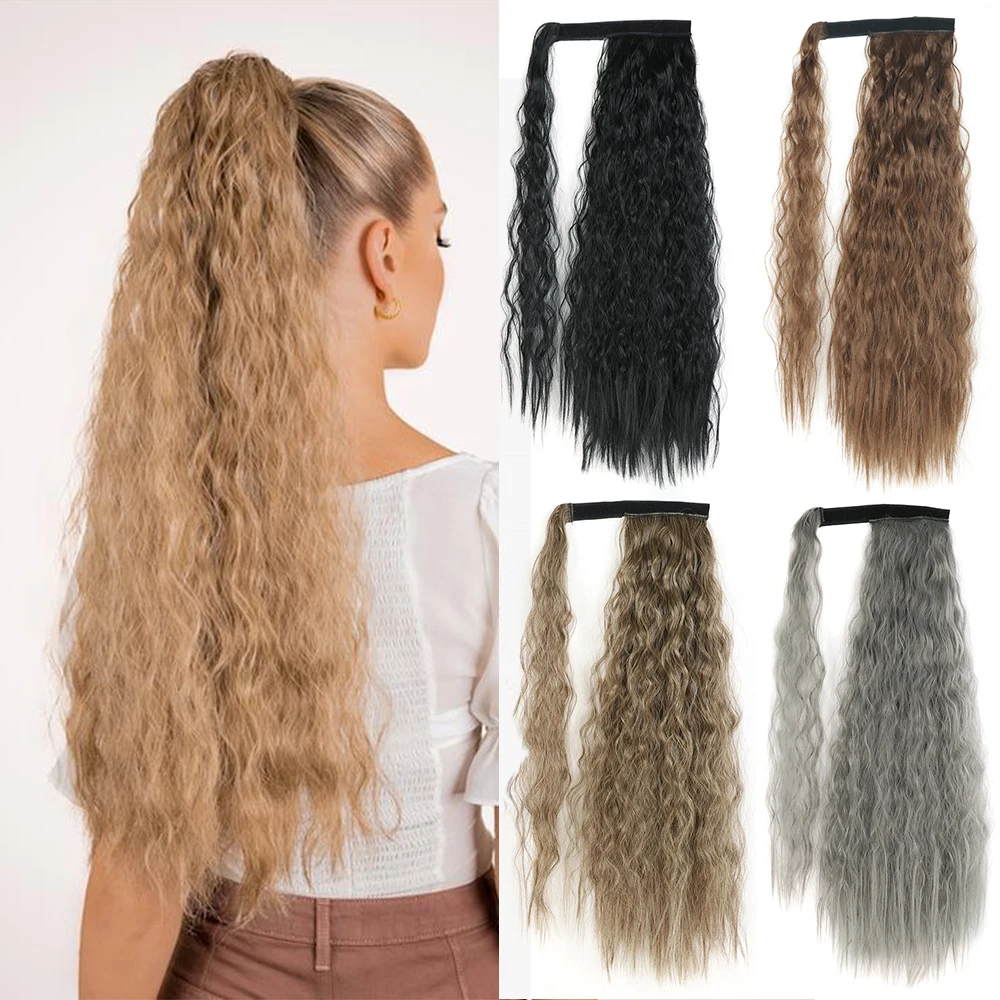 Synthetic Corn Wavy Long Ponytail For Women Hairpiece Wrap On Hair Clip Ombre Brown Blonde Hair Extensions Pony Tail