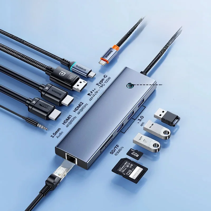 Baseus USB Hub DP 4K Dual HDMI Adapter 11 in 1 Splitter RJ45 USB 3.0 PD 100W Docking Station for MacBook Pro Air M2 M1 USB C HUB