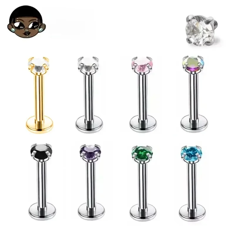 1 pièces G23 titane Piercing CZ gemme fileté interne Labret Monroe lèvre anneau Tragus clou Helix boucle d'oreille goujon 16G 18G bijoux de corps
