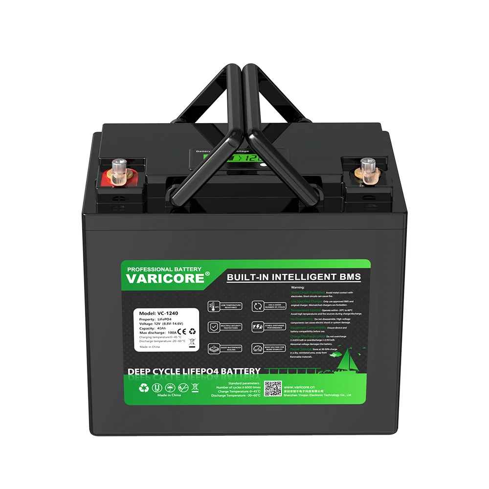 Varicore 12V 40Ah LiFePO4 Batterie mit integriertem 100A BMS LCD-Display, Deep-Cycle-Batterie für Wohnmobile, Camping, Solaranlagen, Golfcarts + 14,6V 10A Ladegerät