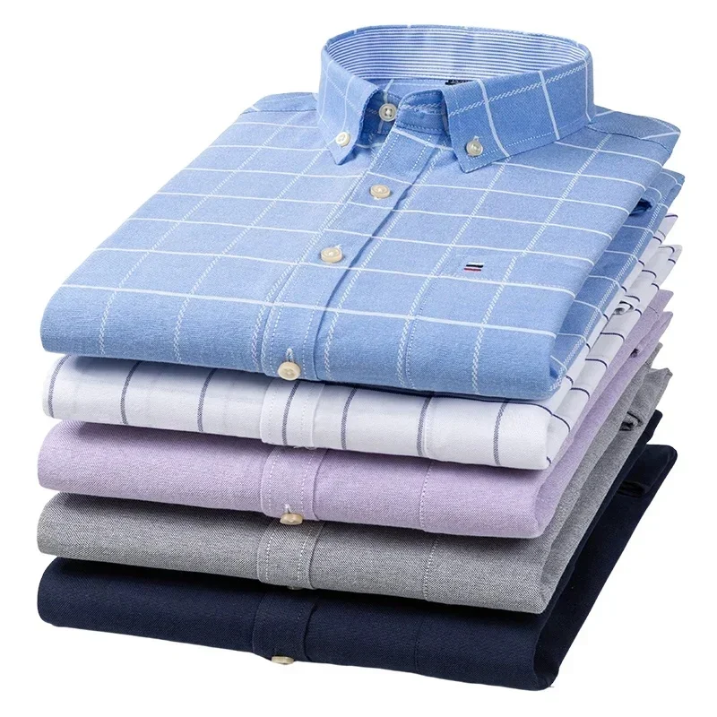 Mężczyźni Oxford Fashion 100% bawełna z długim rękawem Casual Slim Solid Color Plaid Print Stripe Formal Dress Shirt Plus Size — zdjęcie 2