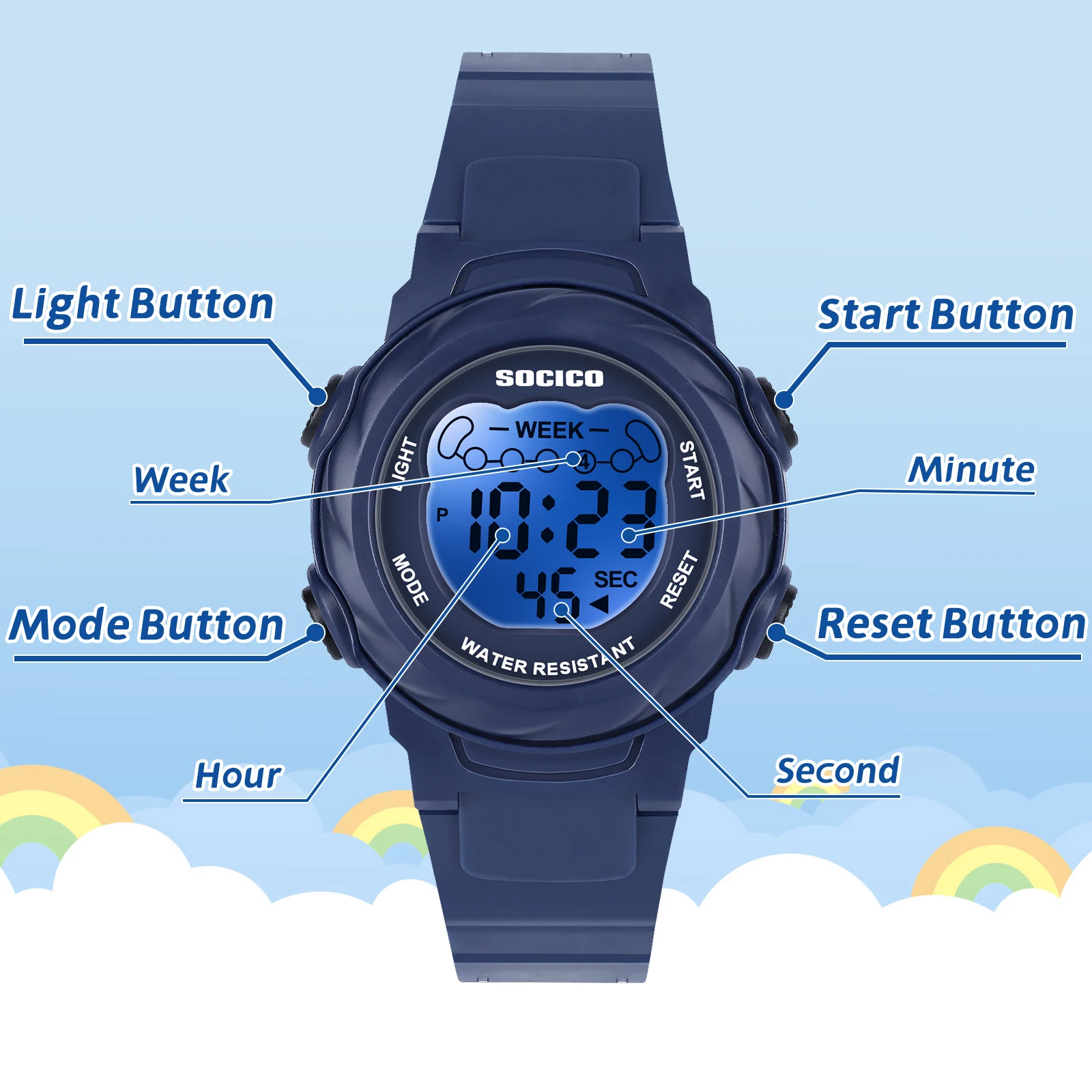 SOCICO Relojes digitales para niños y niñas, reloj de pulsera con banda suave resistente al agua con luces de 7 colores, regalos de Navidad para niños de 5 a 12 años