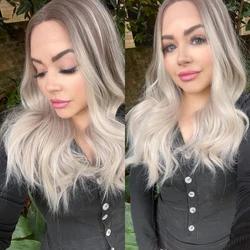 Medium Ash Blonde Highlights Wig Heat Friendly Synthetic Hair Lace Front Wig HD Full Slight Wavy Blend Human Hair Wigs Daily Use