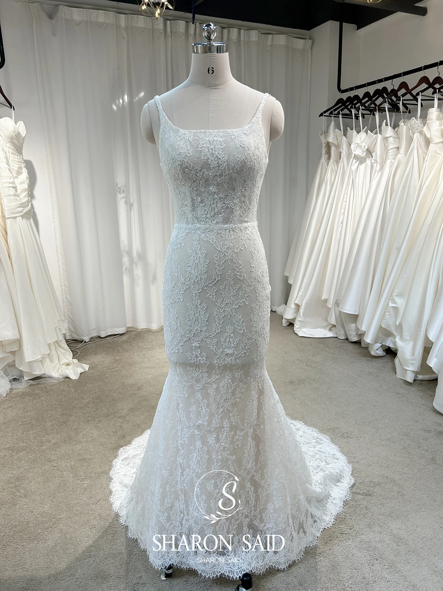 Sharon Said Romantic Mermaid Off White Lace Wedding Dress 2025 Elegant Square Collar Corset Princess Bride Gown AM018 Customized