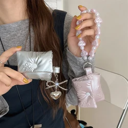Soft Puffer Down Earphone Bag for Apple Airpods 4 3 Pro 2 Cover with Chain Korean Cute Bow Headphone Charging Cases For Airpod