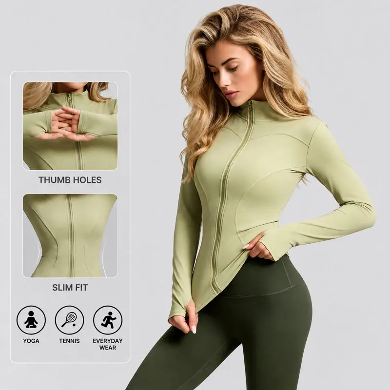 Damen 2DF-Yoga-Jacke mit Reißverschluss, Langarm, Slim Fit, Trainings-Oberteil mit Daumenlöchern, Schnelltrocknende Lauf- und Fitnesskleidung