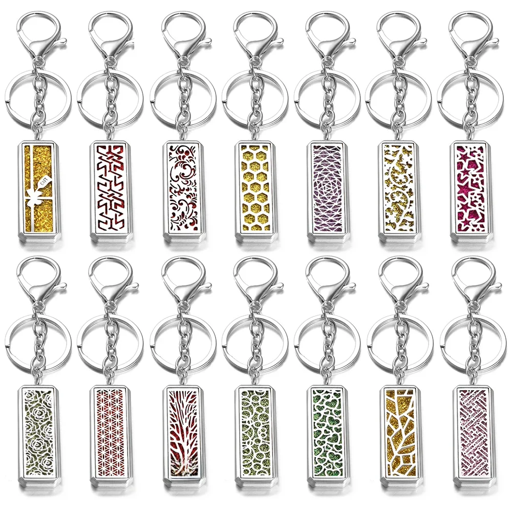 Diffuseur d'aromathérapie rectangulaire en acier inoxydable, porte-clés, bijoux arbre de vie, parfum, huile essentielle, médaillon, pendentif, accessoires