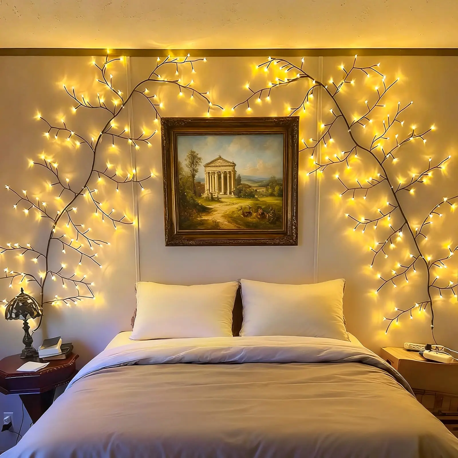 أضواء كرمة الصفصاف المسحورة للجدار: ضوء فرع شجرة وامض بطول 7.5 أقدام للغرفة وديكور المنزل - ضوء شجرة حائط أبيض دافئ