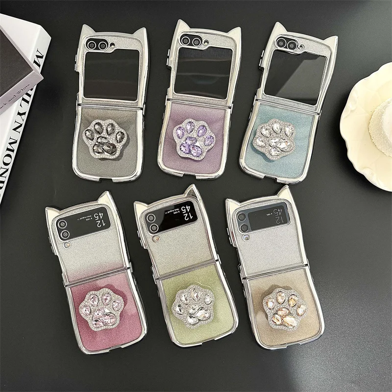 Casing ponsel dudukan cakar kucing berlian lucu untuk Samsung Galaxy Z Flip 6 5 4 3 Flip5 Flip4 Flip6 5G penutup dengan sandaran silikon Capa