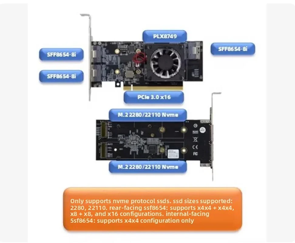 PLX expansion card PLX8749 with SFF-8654-8I * 3 * SFF8654 x8 2 * M.2 Nvme