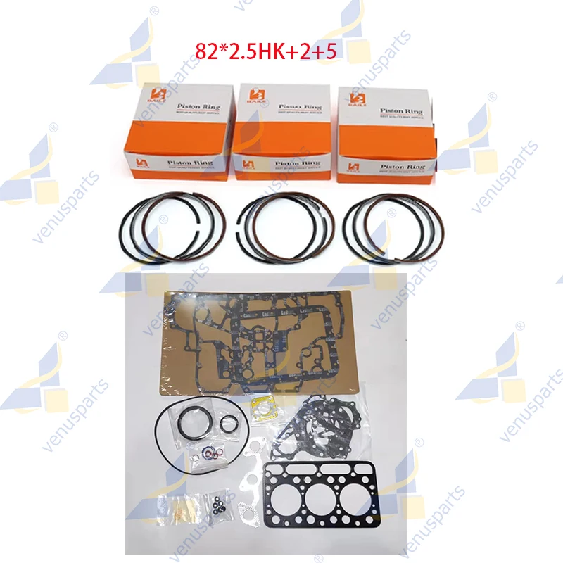 D1302 Full Gasket Kit Set+ 3-Cylinders Piston Rin For Kubota  82*2.5HK+2+5 Cylinder Head Gasket Engine Overhaul Rebuild Kit