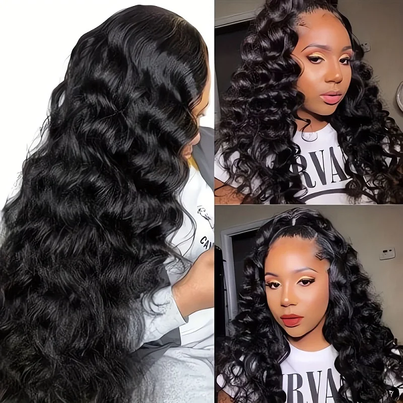 Alimice-Loose Deep Wave Lace Wigs para mulheres, cabelo humano, pré arrancado com cabelo de bebê, cor preta, 4x4