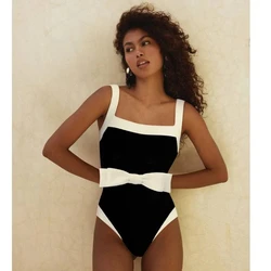 Women Swimwear Black Bowknot Decor Color Block One Piece Swimsuit and Skirt Beachwear bikini Two piece Bathing Suit