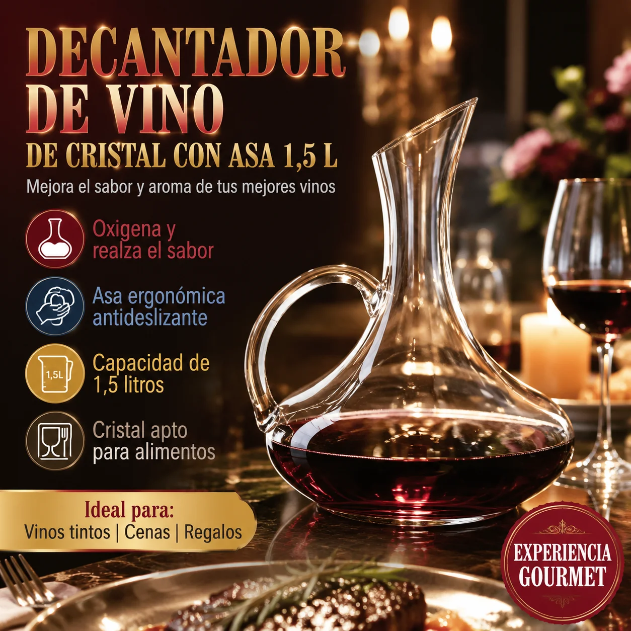 Carafe à vin en cristal sans plomb 1,5 L 35x21x21 cm avec poignée ergonomique, oxygénation du vin, décoration élégante, cadeau pour les amateurs de vin