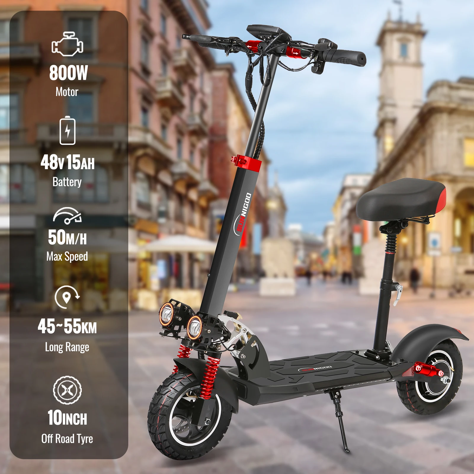 Potente patinete eléctrico de 800W, 48V, 15Ah, velocidad máxima, 50 km/h, alcance de 50km, neumáticos de 10 pulgadas, patinete plegable con doble absorción de impacto para adultos