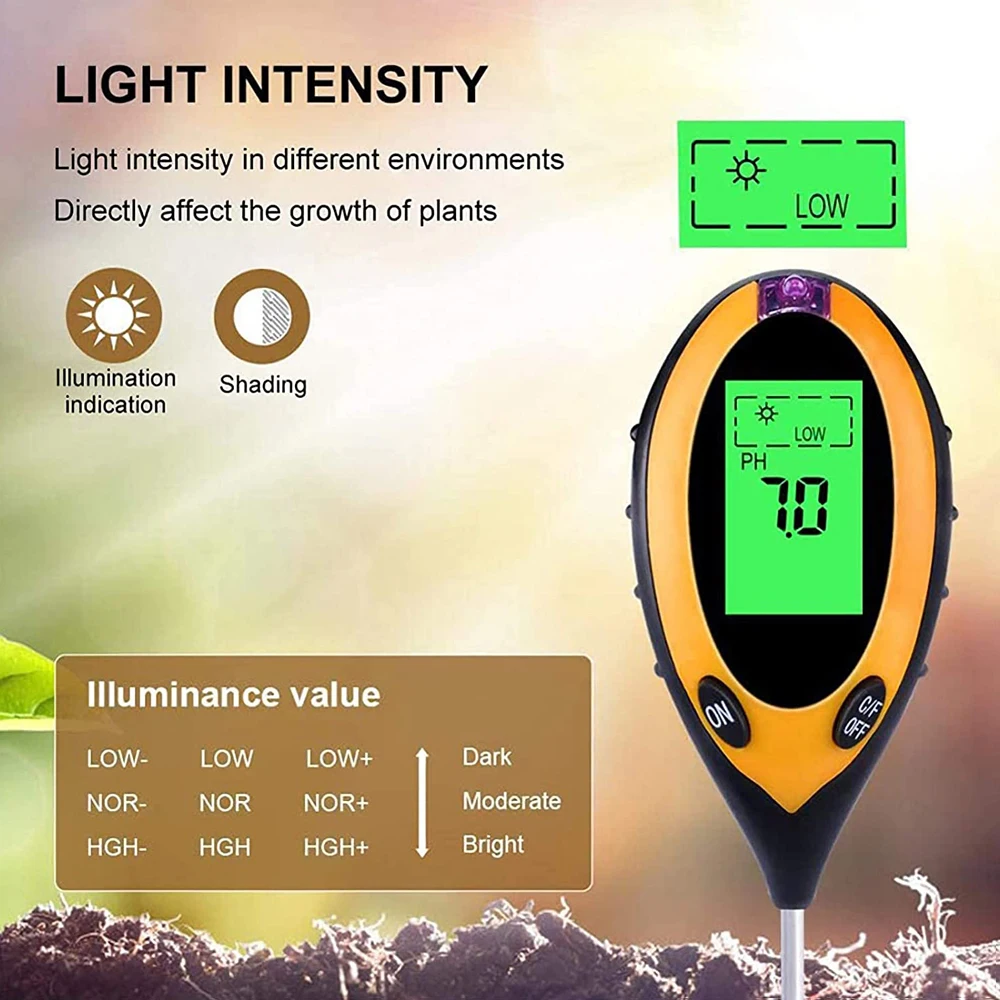 NOYAFA TR-02 4 In 1 Soil PH Meter Moisture/Temp/Soil PH Tester Sunlight Intensity Meter for Gardening Plants Farming with Backli