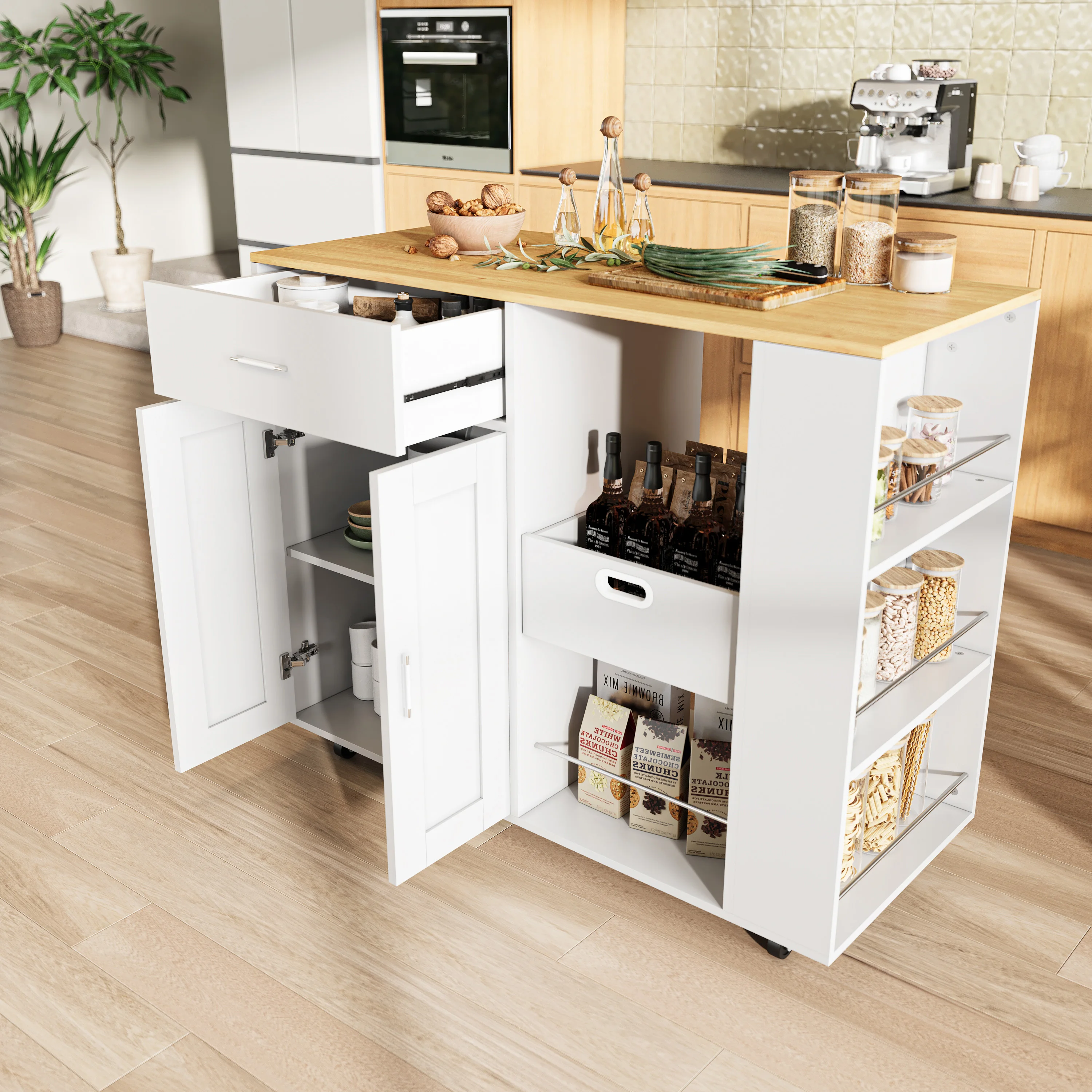 Comanlai Kücheninsel 102x46x92cm, Sideboard-Trolley mit Verstellbarem Regal, Buffetschrank mit 360° Drehfunktion °   Räder, 3 Gewürzregale, Weiß