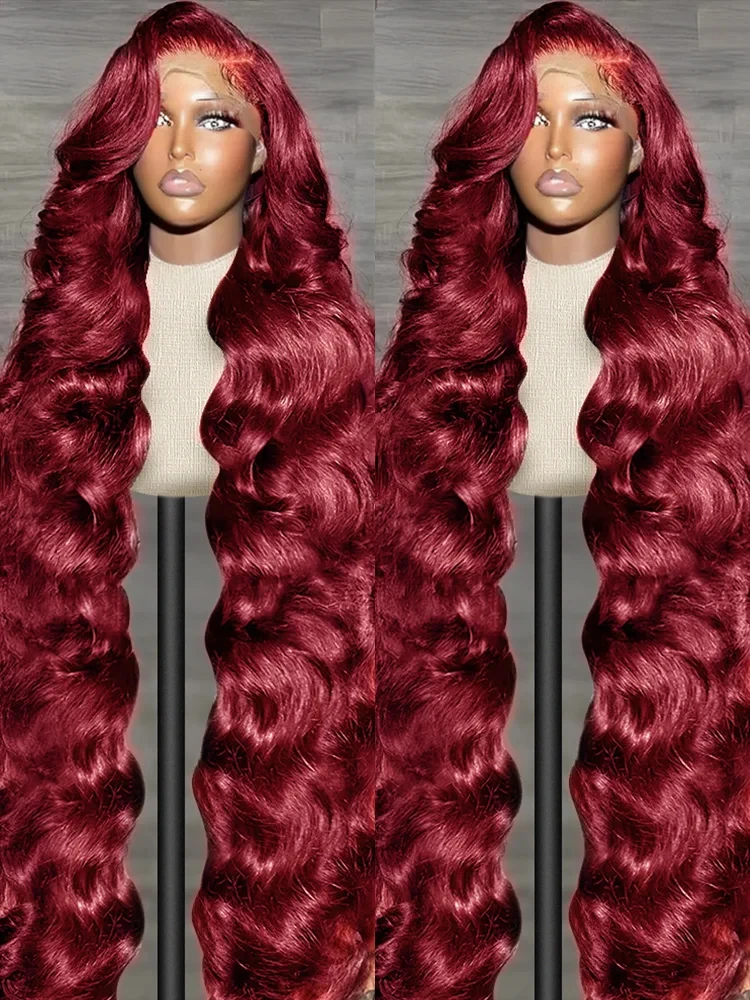 Wig Rambut Asli Burgundy 99J Lace Front 13X6 13x4 HD Lace Frontal Model Body Wave untuk Wanita, Kepadatan 200%