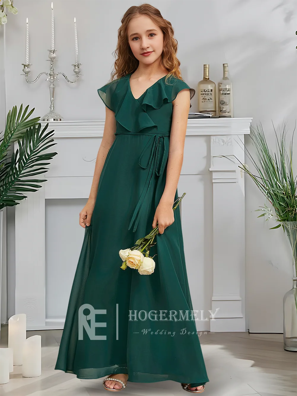 مصمم ألف خط فستان وصيفة الشرف جونيور اليشم ضباب زهرة فتاة فستان الخامس الرقبة الشيفون حديقة حفل الرقص حفل زفاف ثوب