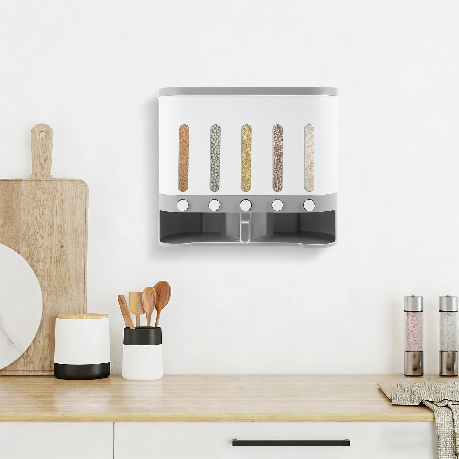 

Cereal Dispenser,Multi Compartment Grain Storage Tank for Rice and Cereal,Grey White PP and PS Kitchen Food Container, Grain Bin