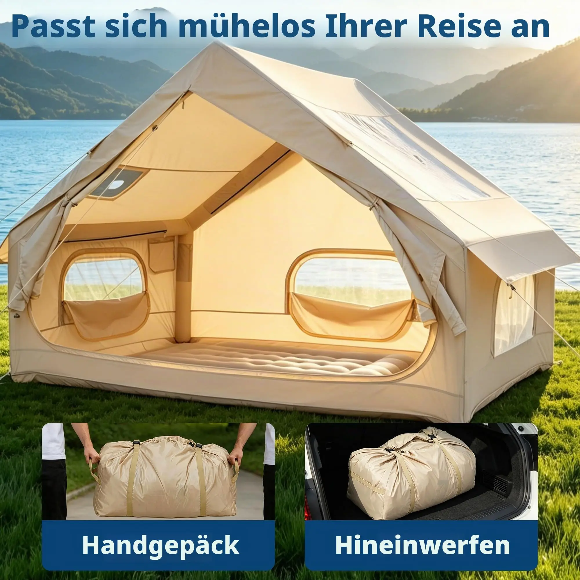 Tienda de campaña inflable para 4 a 6 personas, tienda de aire de 6 m², impermeable, incluye bomba de mano, material Oxford 150D, suelo 210D, PU2000 a PU3000 mm, malla B3.