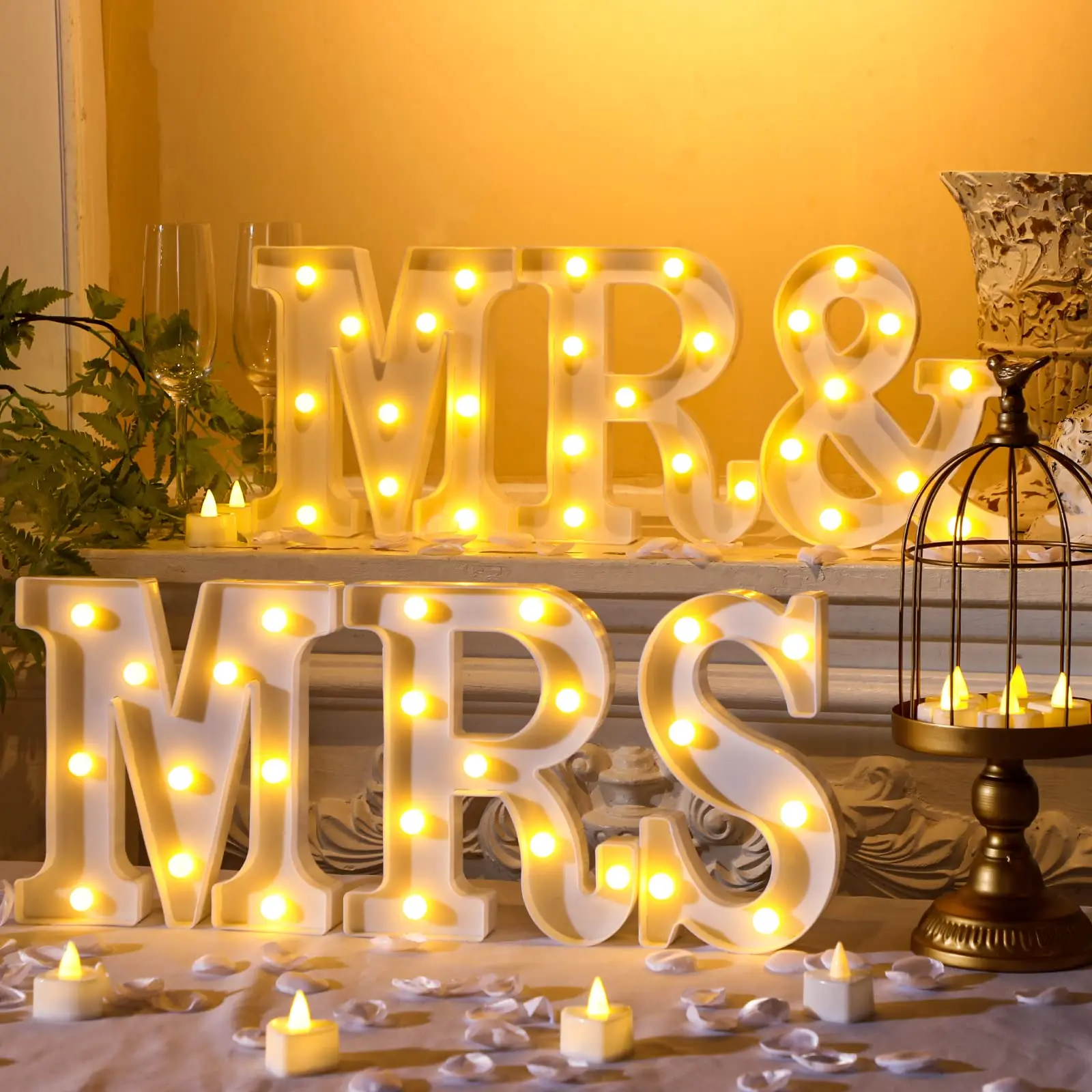 طقم زينة وحفلات الزفاف مكون من 6 قطع، لافتة طاولة بأحرف متوهجة "MR&MRS" مضاءة بإضاءة LED، مثالية لدعائم التصوير الفوتوغرافي، عيد الحب #1