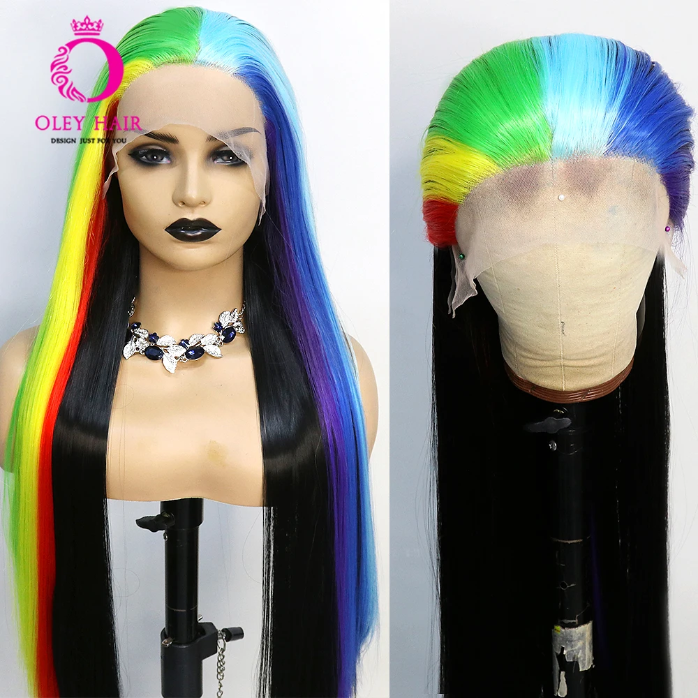 

Rainbow Colored Synthetic 13x4 Lace Front Transparent Straight Drag Queen High Temperature Fiber Wigs For Women Glueless