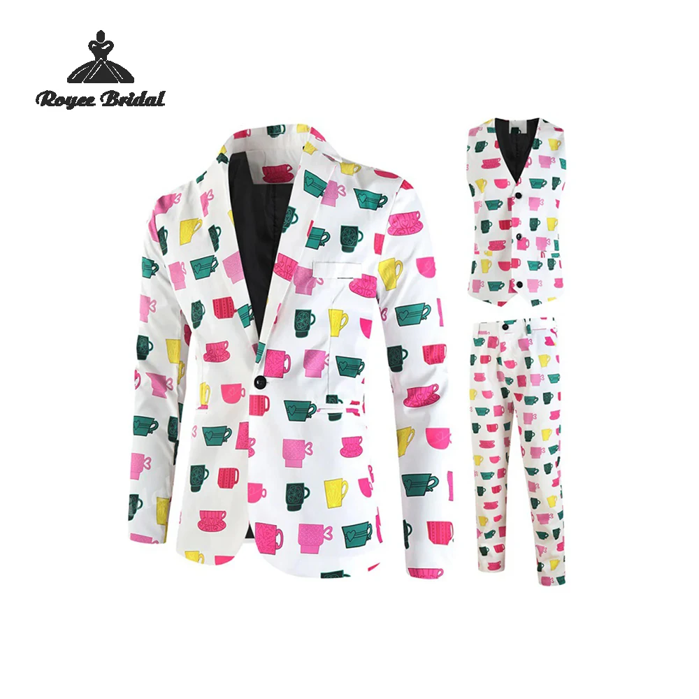 Three Piece Cup Print Men's Wedding Suit 2026 Notched Lapel One Button Evening Business Prom Suit costume homme mariage