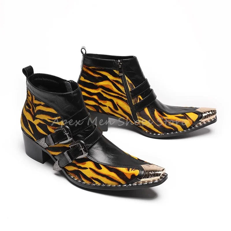 

Yellow Black Stripe Leather Casual Ankle Boots Punk Streetwear Pointed Toe Zipper Closure Metal Buckle Men's Chelsea Boots
