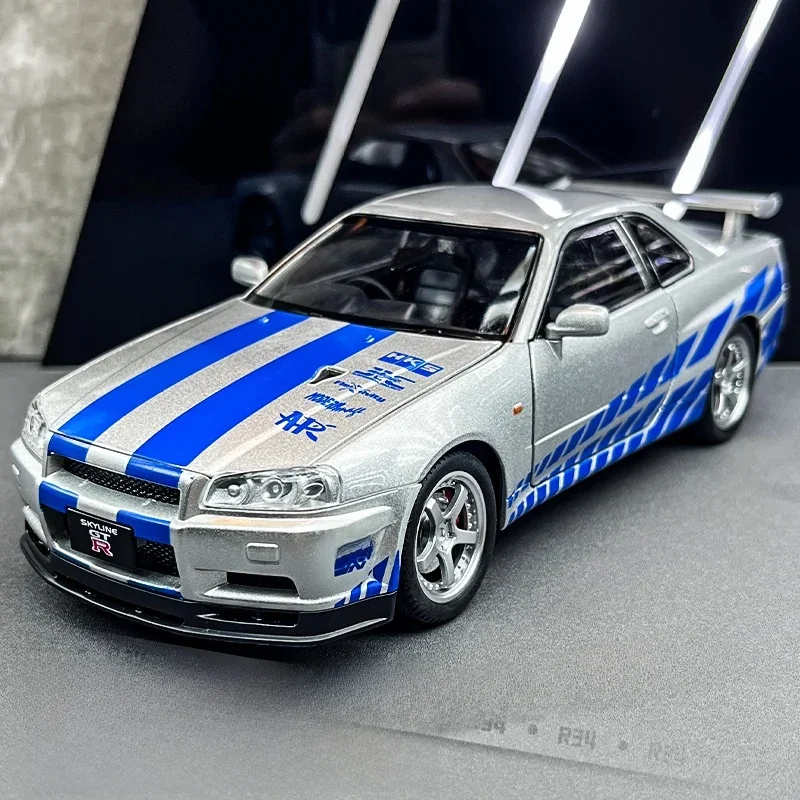 1:24 Silvia Skyline Ares GTR GT-R R34 Legierungs-Sportwagenmodell, Druckguss und Spielzeug-Rennfahrzeuge, Automodell, Ton und Licht, Kindergeschenke