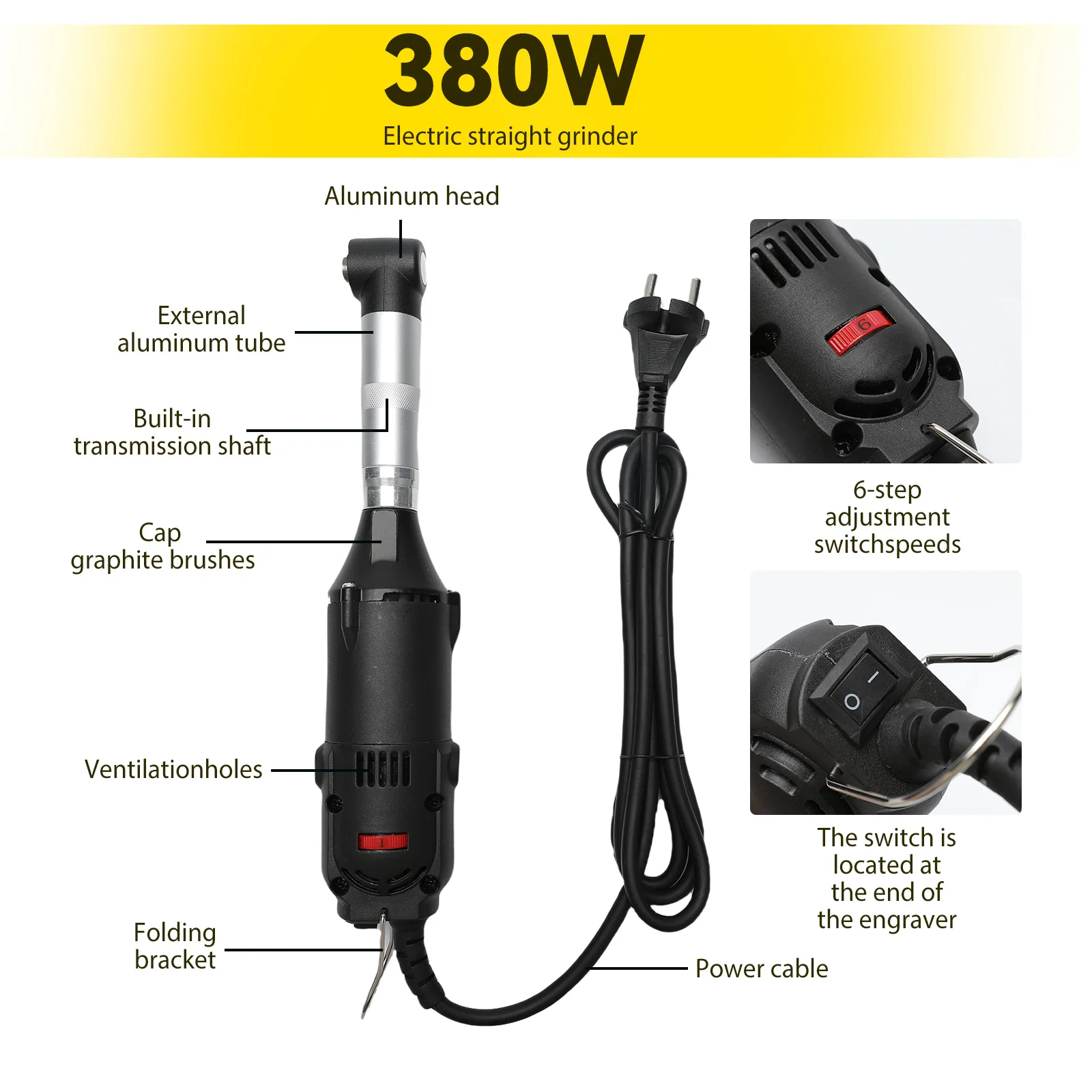 Verschiedene Modelle 220V 350W 90 ° Elektrischer Winkelschleifer mit 6 einstellbaren Geschwindigkeitsstufen, geeignet für Schmuck-, Dental-, Holzpolierarbeiten, Formenbearbeitung und Fliesenreinigung. Ideal zum Entgraten, Entoxidieren und Polieren von Autos, Motorrädern und mehr. – Detail 15
