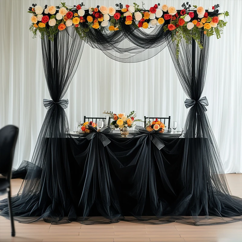 2 Stück schwarzer Polyester-Tüllstoff – perfekt für Hochzeitsbögen, Halloween, Geburtstagsfeiern und Bühnendekorationen. – Detail 7