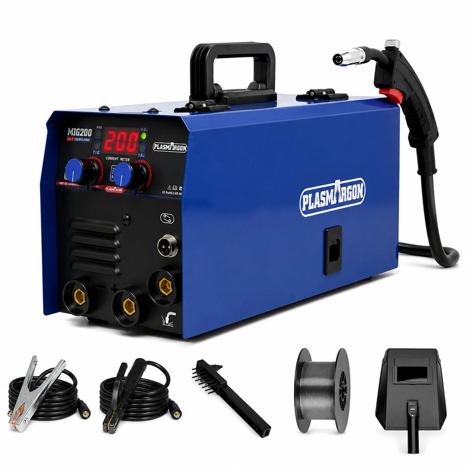 PLASMARGON MIG Welder,200A 3-IN-1 Flux Core MIG/Lift TIG/MMA Welding Machine,Gasless Welder With IGBT Inverter LED Display