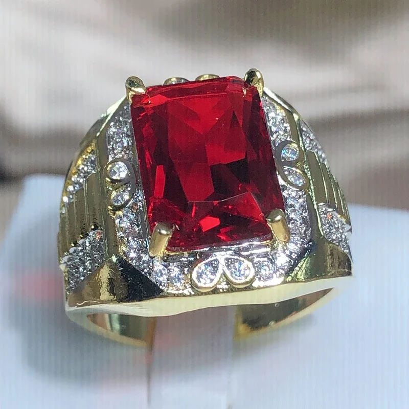 Vintage King ring Gold Filled AAAAA CZ Red Zircon Luksusowa biżuteria zaręczynowa Obrączki ślubne dla mężczyzn Rock Party Finger Ring — zdjęcie 2