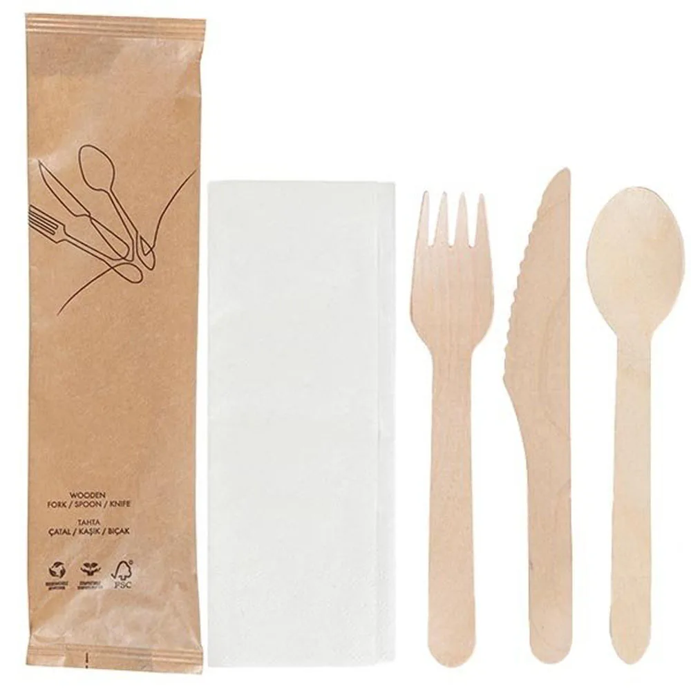 Kraft Paper Packaged Board, Fork, Knife, Spoon and Napkin Set 50 Pack