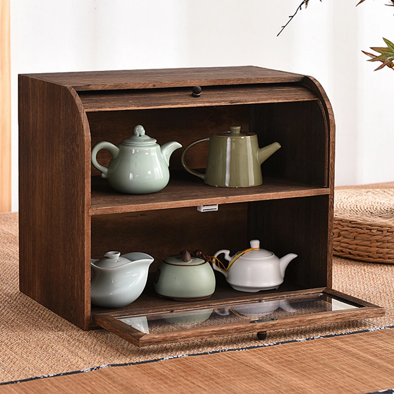 Solid wood dustproof double roll-up design teapot desktop tea set tea cup shelf storage box cosmetics stationery cabinet