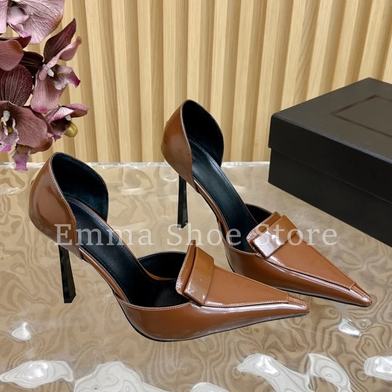 

Elegant Patent Leather Brown Pointed Toe Pumps Trendy Style Stiletto High Heel Square Buckle Sandals Office Party Dress Shoes